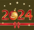 Holiday banner with New Year\'s date 2024 and Christmas ball with congratulations text.